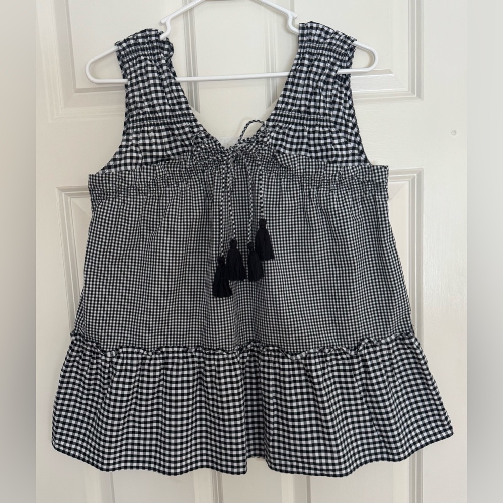 Derek Lam 10 Crosby gingham tassel ruffle sleeveless v-neck top blouse women’s 8